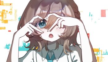 Rule 34 | 1girl, :o, aqua eyes, aqua necktie, brown hair, chinese commentary, collared shirt, commentary request, derivative work, hair between eyes, heart hands over eye, highres, koufuku kei (vocaloid), looking at viewer, medium hair, menghuanhuabingchang, mizuhi tsukushi, necktie, portrait, screenshot redraw, shirt, solo, white shirt