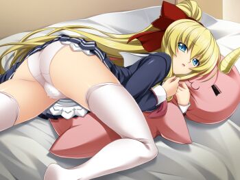 1girl ass bed black_shirt blonde_hair blue_eyes blue_skirt bow cameltoe censored dress game_cg hair_between_eyes hair_bow hair_ribbon high_ponytail hugging_object indoors inoino kouyoku_senki_exs-tia large_variant_set long_hair long_sleeves looking_at_viewer looking_back lying miniskirt mosaic_censoring non-web_source official_art on_bed on_stomach open_mouth panties pillow pleated_skirt ponytail red_bow ribbon rieszverne_suzette_paladill sailor_collar sailor_dress school_uniform serafuku shirt skirt solo stuffed_animal stuffed_toy thighhighs underwear variant_set very_long_hair white_panties white_sailor_collar white_thighhighs