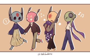 1girl 1other 2boys aida_(aidacamelia0516) arms_up barefoot blue_pants blue_skin blue_sweater blush brown_pants colored_skin creature five_pebbles full_body green_skin grey_shirt highres holding holding_creature hug iterator_(rain_world) long_sleeves looks_to_the_moon multiple_boys no_significant_harassment orange_background pants pleated_skirt puffy_long_sleeves puffy_sleeves purple_scarf rain_world robot_ears scarf seven_red_suns shirt short_sleeves simple_background skirt slugcat spearmaster_(rain_world) sweat sweater white_shirt yellow_skirt