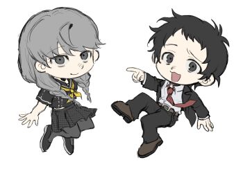 2boys adachi_tooru ascot black_eyes black_hair black_jacket black_pants black_shirt braid chengmingraven chibi chibi_only closed_mouth commentary_request full_body grey_eyes grey_hair grey_pantyhose highres jacket long_sleeves messy_hair multiple_boys narukami_yu necktie open_mouth pants pantyhose persona persona_4 pleated_skirt pointing red_necktie sailor_collar school_uniform shirt simple_background skirt smile twin_braids white_background yasogami_school_uniform yellow_ascot