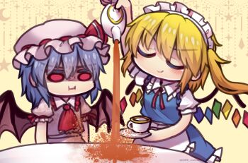 Rule 34 | 2girls, :i, alternate costume, annoyed, apron, ascot, bat wings, blonde hair, closed eyes, commentary request, completely unamused, crystal, cup, decantering, dress, enmaided, failure, flandre scarlet, frilled shirt collar, frilled skirt, frills, frown, hat, hat ribbon, maid, maid apron, maid headdress, mob cap, multiple girls, pink dress, pink hat, pout, puffy short sleeves, puffy sleeves, purple hair, red ascot, red eyes, red ribbon, remilia scarlet, ribbon, saucer, shaded face, short hair, short sleeves, siblings, side ponytail, sidelocks, sisters, skirt, smile, solid oval eyes, spilling, table, tablecloth, teacup, teapot, touhou, unamused, unime seaflower, wings