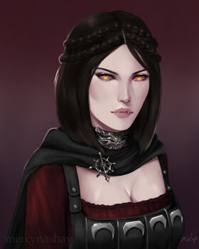 1girl absurdres artist_name black_cape black_hair braid breasts cape cleavage fangs gorget highres mercedes_phillips orange_eyes red_shirt serana shirt short_hair solo the_elder_scrolls the_elder_scrolls_v:_skyrim upper_body