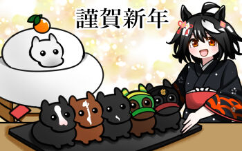 1girl ahoge animal_ears annotated aramori_susumu black_hair black_kimono commentary croix_du_nord_(racehorse) ecoro_duel_(racehorse) equinox_(racehorse) food food_costume gaia_force_(racehorse) happy_new_year hood horse horse_ears horse_girl japanese_clothes kagami_mochi kimono kitasan_black_(umamusume) looking_at_viewer mochi multicolored_hair nengajou new_year oni real_life red_eyes red_sash sash seigaiha short_hair sol_oriens_(racehorse) translated two-tone_hair two_side_up umamusume undersized_animal white_streaks wide_sleeves wilson_tesoro_(racehorse)