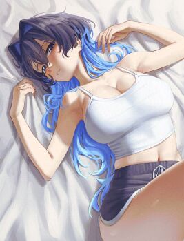 1girl absurdres bed_sheet black_hair blue_eyes blue_hair breasts camisole colored_inner_hair crop_top dolphin_shorts hair_between_eyes hair_intakes hashtag-only_commentary highres hololive hololive_english large_breasts looking_at_viewer lying multicolored_hair navel on_back ouro_kronii parted_lips samukzz short_shorts shorts solo unworn_headwear virtual_youtuber white_camisole wolf_cut