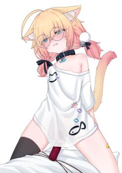 absurdres ahoge anal anal_object_insertion animal_collar animal_ear_fluff animal_ears asymmetrical_legwear bandaid bandaid_on_knee bandaid_on_leg bell black_collar blonde_hair blue_eyes blush bottomless cat_ears cat_girl cat_tail collar dildo fang fish_ornament glasses gradient_hair highres imminent_penetration indie_virtual_youtuber long_shirt low_twintails minikomew multicolored_hair no_pants object_insertion open_mouth ritspi sex_toy simple_background single_thighhigh tail thighhighs twintails virtual_youtuber white_background