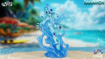 Rule 34 | 1girl, blue one-piece swimsuit, breasts, clothing cutout, digimon, digimon (creature), fins, frog girl, full body, head fins, helmet, jang shi che studio, monster girl, navel cutout, one-piece swimsuit, photo (medium), ranamon, red eyes, smile, swimsuit, wide hips