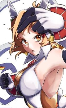 1girl 5_7_3 armpits bare_shoulders bob_cut breasts brown_hair clenched_hand commentary_request floating_hair gloves hair_ornament hairclip headgear highres large_breasts looking_at_viewer multicolored_gloves open_mouth partially_shaded_face senki_zesshou_symphogear short_hair simple_background solo symphogear_pendant tachibana_hibiki_(symphogear) tsurime two-tone_gloves upper_body v-shaped_eyebrows white_background white_gloves yellow_eyes