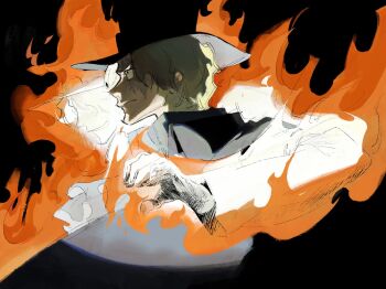 29djoe1 2boys ascot black_background blonde_hair coat commentary_request fire freckles gloves hat korean_commentary looking_ahead male_focus multiple_boys one_piece portgas_d._ace profile sabo_(one_piece) scar scar_on_face short_hair