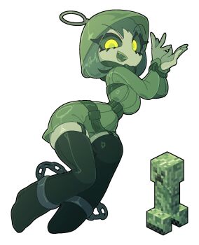 Rule 34 | 1girl, :d, barefoot, black thighhighs, bound, bound breasts, bound torso, bound wrists, breasts, chain, chained legs, colored sclera, creeper, dress, full body, garter straps, green hair, green sclera, green sweater, highres, hood, hood up, humanization, looking at viewer, medium breasts, medium hair, minecraft, narrow waist, open mouth, personification, reference inset, ribbed sweater, saku ram, sanpaku, smile, solo, sweater, sweater dress, teeth, thick eyelashes, thick thighs, thighhighs, thighs, uneven eyes, white background, wide hips, yellow eyes