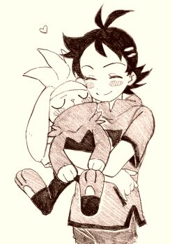 1boy closed_eyes cowboy_shot gen_8_pokemon goh_(pokemon) greyscale holding holding_pokemon hug monochrome nintendo pokemon pokemon_(anime) pokemon_(creature) pokemon_journeys quhi_nts raboot shirt short_hair short_sleeves sketch smile white_background
