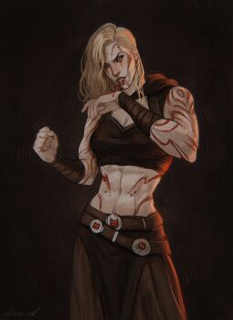1girl abs arm_tattoo black_background blonde_hair blood blood_from_mouth clenched_hand earrings face_piercing glasssqueezer highres jewelry kelva_blight_(ivynotorious) lip_piercing lip_ring long_hair looking_at_viewer midriff muscular muscular_female navel piercing signature solo star_wars stomach_tattoo tattoo yellow_eyes