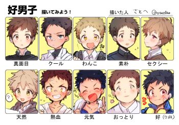 6+boys ? bandage_on_face bandages bandaid bandaid_on_cheek bandaid_on_face bandaid_on_forehead bandaid_on_nose black_hair blonde_hair blush brown_eyes brown_hair chart clenched_hands dougi fang fat fat_man flying_sweatdrops gakuran goggles goggles_around_neck happy japanese_text let's_draw_handsome_boys_challenge male_focus meme multiple_boys multiple_drawing_challenge original red_eyes satoe school_uniform shirt shota simple_background smile spiked_hair spoken_question_mark sweat tan translation_request upper_body white_shirt yellow_background yellow_eyes