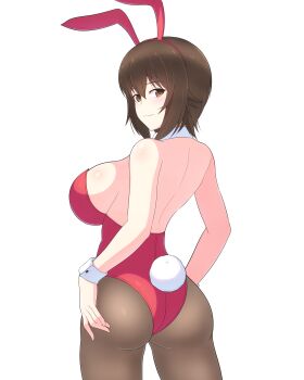 1girl absurdres animal_ears ass backless_leotard breasts brown_eyes brown_hair closed_mouth collar commentary cowboy_shot detached_collar fake_animal_ears fake_tail from_behind girls_und_panzer grey_pantyhose highres iteza_(flapper_girl_25) large_breasts leotard looking_at_viewer looking_back nishizumi_maho pantyhose playboy_bunny rabbit_ears rabbit_tail red_leotard short_hair simple_background smile solo standing strapless strapless_leotard tail white_background white_collar wrist_cuffs