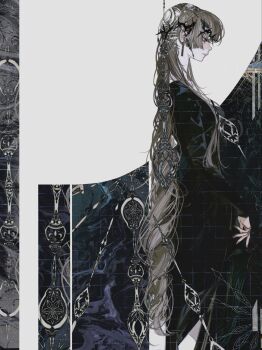 1girl black_dress closed_mouth commentary dress earrings grey_hair highres jewelry john_kafka long_hair long_sleeves mole mole_under_eye original solo white_background