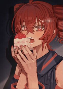 1girl absurdres ahoge bare_shoulders cake cake_slice close-up detached_sleeves drill_hair fingernails food hair_between_eyes highres holding holding_food kasane_teto leutchaft looking_at_viewer nail_polish open_mouth pink_nails red_eyes red_hair teeth twin_drills utau