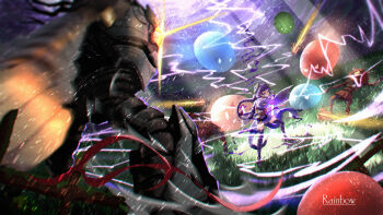 1girl anemo_slime_(genshin_impact) artist_name blunt_bangs braid commentary_request dendro_slime_(genshin_impact) electricity fighting_stance genshin_impact geo_slime_(genshin_impact) glint glowing glowing_eyes glowing_sword glowing_weapon grass hair_ornament highres hilichurl_(genshin_impact) holding holding_sword holding_weapon humanoid_robot hydro_slime_(genshin_impact) japanese_clothes katana kimono light_particles lightning lingerie long_braid long_sleeves looking_to_the_side musou_isshin_(genshin_impact) outdoors purple_eyes purple_hair purple_kimono pyro_slime_(genshin_impact) raiden_shogun rainbow_1153683794 robot ruin_grader_(genshin_impact) single_braid slime_(creature) slime_(genshin_impact) solo_focus standing sunlight sword underwear weapon wide_sleeves