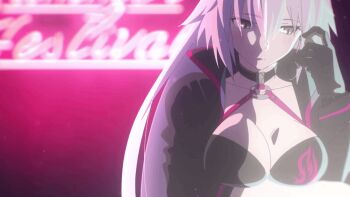 Rule 34 | 1girl, absurdres, animated, animated gif, anime screenshot, arm under breasts, bikini, black bikini, black choker, black gloves, black jacket, blush, breasts, choker, cleavage, collarbone, fate/grand order, fate (series), female focus, gloves, highres, jacket, jeanne d'arc (fate), jeanne d'arc alter (fate), jeanne d'arc alter (swimsuit berserker) (fate), large breasts, long hair, long sleeves, looking at viewer, open mouth, sexually suggestive, solo, solo focus, swimsuit, white hair, yellow eyes