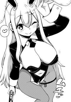 Rule 34 | 1girl, alternate costume, animal ears, arm up, black leotard, blush, breasts, commentary request, egg vibrator, fishnet pantyhose, fishnets, from above, gun, handgun, highres, himajin noizu, holding, holding weapon, jacket, large breasts, leotard, long hair, long sleeves, looking at viewer, monochrome, one eye closed, open clothes, open jacket, pantyhose, playboy bunny, rabbit ears, rabbit girl, reisen udongein inaba, sex toy, smile, solo, thigh strap, touhou, vibrator, vibrator in thigh strap, vibrator under clothes, weapon