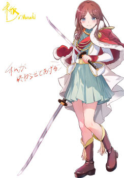 1girl bang_dream! bang_dream!_it&#039;s_mygo!!!!! blue_dress blue_eyes blush boots brown_boots brown_hair capelet closed_mouth commentary_request cosplay daiba_nana daiba_nana_(cosplay) dress dual_wielding fur-trimmed_capelet fur_trim gohannanaki highres holding long_hair nagasaki_soyo pleated_dress red_capelet shoujo_kageki_revue_starlight sidelocks solo standing translation_request