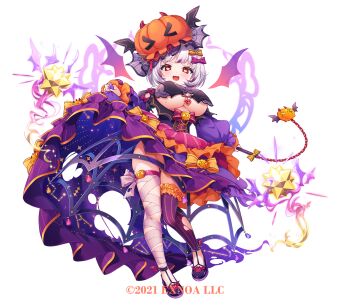1girl amakarashi angelic_link asymmetrical_legwear black_corset black_shoes bow breasts bright_pupils character_request copyright_notice corset detached_wings gem hair_bow halloween hat heart heart-shaped_gem heart-shaped_pupils holding jack-o&#039;-lantern_hat large_breasts leg_wrap official_art open_mouth orange_hat purple_bow purple_skirt red_eyes red_gemstone shoes single_detached_legging skirt smile solo striped_leggings symbol-shaped_pupils underboob white_hair white_pupils wings yellow_bow