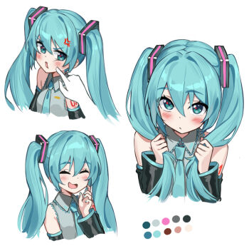 1girl aqua_eyes aqua_hair aqua_necktie arm_tattoo bib_(bibboss39) black_sleeves blush breasts cheek_poking closed_eyes closed_mouth collared_shirt color_guide commentary_request detached_sleeves grey_shirt hair_between_eyes hatsune_miku high_ponytail long_hair long_sleeves looking_at_viewer multiple_expressions multiple_views necktie number_tattoo open_mouth poking ponytail shirt sleeveless sleeveless_shirt small_breasts smile solo_focus tattoo twintails very_long_hair vocaloid wing_collar