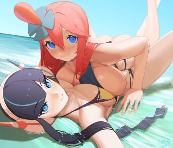 2girls absurdres ass asymmetrical_docking bikini black_bikini black_hair blue_eyes blunt_bangs blush breast_press breasts elesa_(pokemon) girl_on_top hair_ornament headphones highres huge_breasts human_stacking komadera large_breasts long_hair looking_at_viewer lying multiple_girls nintendo ocean on_back parted_lips partially_submerged pokemon pokemon_bw pokemon_bw2 red_hair sky skyla_(pokemon) smile swimsuit very_long_hair water yellow_bikini
