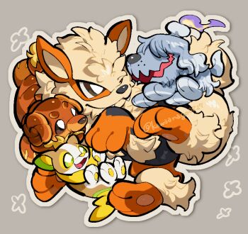 Rule 34 | animal focus, arcanine, bright pupils, brown eyes, closed mouth, commentary request, dachsbun, fangs, gen 1 pokemon, gen 8 pokemon, greavard, green eyes, kawaanago, nintendo, no humans, open mouth, pokemon, pokemon (creature), simple background, smile, twitter username, white pupils, yamper