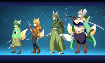 2boys 2girls bad_id bad_twitter_id blonde_hair blue_eyes boots breasts brown_eyes child cleavage concon-collector cowboy cowboy_boots cowboy_hat cowboy_western curvy full_body furry gosounokitsune_sonhaku green_eyes green_hair grey_hair gun handgun hat hermit_fox_byakudan holding holding_weapon japanese_clothes katana kyuuri large_breasts long_hair midriff multiple_boys multiple_girls pistol plump polearm sandals short_hair spear standing sweater sword weapon western yin_yang