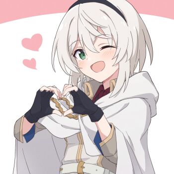 Rule 34 | 1girl, ;d, amnesia (majo no tabitabi), belt, black gloves, black hairband, blush, cloak, collared shirt, commentary request, dot nose, fingerless gloves, gloves, green eyes, hair between eyes, hairband, heart, heart hands, highres, hood, hood down, hooded cloak, long sleeves, looking at viewer, majo no tabitabi, one eye closed, open mouth, pink background, shiroirosky, shirt, short hair, smile, solo, two-tone background, upper body, white background, white belt, white cloak, white hair