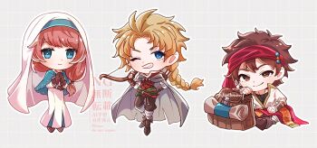 1girl 2boys backpack bag blonde_hair blue_capelet blue_eyes bow_(weapon) braid bright_pupils brown_bag brown_eyes brown_gloves capelet chibi commentary_request dress gloves hairband holding holding_bow_(weapon) holding_weapon laurana_(octopath_traveler) ludo_(octopath_traveler) multiple_boys nun octopath_traveler octopath_traveler:_champions_of_the_continent octopath_traveler_0 one_eye_closed orange_hair own_hands_clasped own_hands_together phenn_(octopath_traveler) red_hairband sitting smile watermark weapon white_dress white_pupils yutohiroya