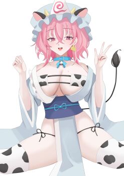 1girl absurdres animal_ears animal_print bikini blue_choker blue_hat blue_kimono breasts choker cleavage commentary_request cow_ears cow_horns cow_print cow_print_bikini cow_print_thighhighs hat highres horns japanese_clothes kimono large_breasts looking_at_viewer mob_cap open_mouth oshimai pink_eyes print_bikini print_thighhighs red_nails saigyouji_yuyuko simple_background solo swimsuit teeth thighhighs touhou triangular_headpiece upper_teeth_only w white_background