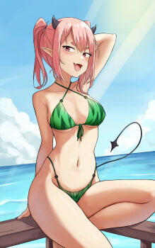 Rule 34 | 1girl, arm up, bikini, breasts, cloud, cloudy sky, collarbone, commentary, criss-cross halter, day, demon girl, demon horns, demon tail, fang, food print, front-tie bikini top, front-tie top, fruit print, green bikini, gustaflowart, halterneck, high ponytail, highleg, highleg bikini, highres, horns, looking at viewer, navel, o-ring, o-ring bikini, ocean, open mouth, original, outdoors, pink hair, pointy ears, ponytail, print bikini, sitting, skin fang, sky, solo, swimsuit, tail, watermelon print