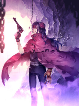 1boy belt black_gloves black_hair black_pants black_shirt cave chain clawed_gauntlets cloak closed_mouth commentary_request feet_out_of_frame final_fantasy final_fantasy_vii fingerless_gloves gloves gun handgun headband highres holding holding_gun holding_weapon long_hair looking_at_viewer male_focus multiple_belts pants parted_bangs red_cloak red_eyes red_headband shirt sleeves_rolled_up solo sunakumo torn_cloak torn_clothes vincent_valentine weapon