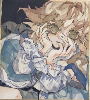 1girl arm_warmers black_background blonde_hair brown_shirt commentary_request cowboy_shot fingernails green_eyes green_nails grey_skirt hair_between_eyes hands_on_own_cheeks hands_on_own_face highres looking_at_viewer messy_hair mizuhashi_parsee shikishi shinjitsu_no_kuchi shirt short_hair short_sleeves simple_background skirt solo touhou