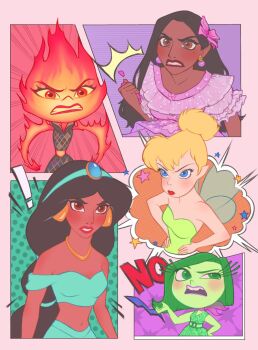 5girls aladdin_(movie) arabian_clothes bare_shoulders black_hair blonde_hair breasts brown_eyes brown_hair dark-skinned_female dark_skin disgust_(inside_out) disney dress earrings elemental_(creature) elemental_(movie) ember_(elemental) encanto fairy fairy_wings fire fire_elemental green_dress green_tunic hair_bun highres inside_out isabela_madrigal jasmine_(disney) jewelry long_hair looking_at_viewer multiple_girls navel necklace off_shoulder orange_eyes pants ri_ri_ri2 single_hair_bun sleeveless sleeveless_dress tinker_bell_(disney) tunic very_long_hair walt_disney&#039;s_peter_pan wings