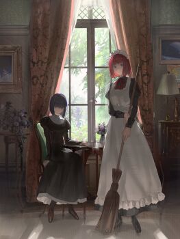 Rule 34 | 2girls, apron, black dress, black footwear, black hair, blue eyes, broom, chair, closed mouth, curtains, dress, flower, full body, hair between eyes, hand on table, highres, hisui (tsukihime), holding, holding broom, in-franchise crossover, indoors, juliet sleeves, kuonji alice, lamp, leaf, long sleeves, looking at viewer, mahou tsukai no yoru, maid, maid headdress, multiple girls, neck ribbon, on chair, picture frame, puffy sleeves, purple eyes, purple flower, red hair, red ribbon, ribbon, round table, shoes, short hair, sitting, standing, table, tsukihime, type-moon, ubwmitekure, vase, white apron, white flower, window