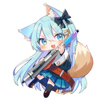 1girl animal_ear_fluff animal_ears belt black_bow black_cardigan black_socks blue_skirt bow brown_shoes cardigan chibi double-parted_bangs fang fox_ears fox_girl fox_tail hair_between_eyes hair_bow hair_ribbon highres holding holding_stylus light_blush loafers long_hair looking_at_viewer miniskirt necktie open_mouth original oversized_object pleated_skirt red_necktie ribbon shoes skin_fang skirt smile socks solo stylus tail v-shaped_eyebrows very_long_hair yatani_row yellow_ribbon