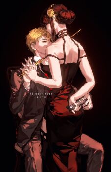 1boy 1girl arm_behind_back black_background black_boots black_dress black_hair blonde_hair boots breasts chaoxibumian collared_shirt dagger dress earrings feet_out_of_frame flower formal_clothes gold_hairband gun hair_between_eyes hair_bun hair_flower hair_ornament hairband handgun highres holding holding_gun holding_hands holding_weapon interlocked_fingers jacket jewelry knife large_breasts long_hair necktie red_necktie shirt short_hair sidelocks sitting spy_x_family stiletto_(weapon) suit suit_jacket thigh_boots twilight_(spy_x_family) updo weapon white_shirt yor_briar