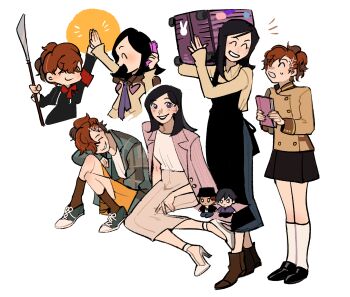 2girls amano_maya apron armband black_apron black_hair black_shoes black_skirt blazer book boots bow brown_boots brown_hair brown_jacket brown_shirt brown_skirt brown_socks buttons carrying character_doll closed_eyes closed_mouth commentary doll double-breasted english_commentary fettuchi flannel gekkoukan_high_school_uniform green_shoes grey_skirt grin gun hair_ornament hairclip high_five high_heels highres holding holding_book holding_gun holding_polearm holding_suitcase holding_weapon jacket kneehighs knees_up long_skirt multiple_girls naginata necktie notice_lines open_clothes open_mouth open_shirt orange_skirt persona persona_1 persona_2 persona_2_batsu persona_3 persona_3_portable pink_jacket polearm purple_eyes purple_necktie red_armband red_bow school_uniform shiomi_kotone shirt shoes short_hair simple_background sitting skirt smile sneakers socks striped_clothes striped_jacket suitcase suou_tatsuya sweatdrop toudou_naoya undershirt vertical-striped_clothes vertical-striped_jacket weapon white_background white_shirt white_shoes white_socks yokozuwari