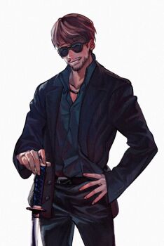 1boy anthonykaen beard_stubble belt black-framed_eyewear black_belt black_hair black_jacket black_pants black_shirt collared_shirt cowboy_shot facial_hair hand_on_hilt hand_on_own_hip jacket katana kojima_hideo long_sleeves male_focus mustache_stubble open_clothes open_collar open_jacket pants parted_lips planted planted_sword planted_weapon real_life shirt short_hair simple_background smile solo standing stubble sunglasses swept_bangs sword tinted_eyewear weapon white_background