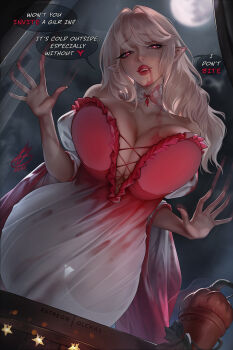 against_window blonde_hair blood blood_on_chest blood_on_face breasts cleavage detached_collar dress english_text fangs frilled_dress frills full_moon highres huge_breasts lips long_hair looking_at_viewer moon night no_panties olchas original patreon_username pointy_ears red_eyes speech_bubble thigh_gap thighhighs vampire white_thighhighs