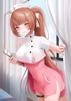 1girl breasts brown_eyes brown_hair buttons clipboard closed_mouth curtains dress hat highres holding holding_clipboard indie_virtual_youtuber long_hair nurse_cap pink_dress pink_hair pink_nails shiori_pon solo thigh_strap vaughnilla virtual_youtuber white_hat window