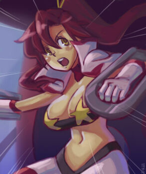 00s 1girl breasts driving female_focus formal_clothes kinuko_(kinucakes) large_breasts long_hair lowres mecha midriff motion_lines navel pilot piloting ponytail red_hair robot solo space_yoko speed_lines star_(symbol) suit tengen_toppa_gurren_lagann yellow_eyes yoko_littner