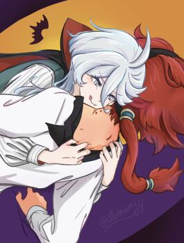 2girls bat_(animal) bite_mark bite_mark_on_neck black_hairband blood blood_on_neck cape commentary_request dark-skinned_female dark_skin fang grey_eyes gundam gundam_suisei_no_majo hairband halloween highres licking_lips long_hair miorine_rembran multiple_girls otsunami ponytail red_hair shirt smile suletta_mercury tongue tongue_out vampire white_hair white_shirt yuri