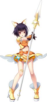 1girl animal_ears armpits artist_request bad_source bandaged_leg bandages breasts frown full_body game_cg gloves high_heels misha_(sennen_sensou_aigis) navel official_art polearm sennen_sensou_aigis short_hair solo spear teeth third-party_source transparent_background upper_teeth_only weapon