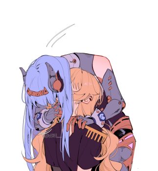 2girls android bent_over black_shirt blonde_hair blue_hair bvbu comb commentary ear_piercing earrings english_commentary genshin_impact hair_down hairband headgear highres holding holding_comb ineffa_(genshin_impact) jahoda_(genshin_impact) jewelry kiss long_hair multiple_girls piercing robot_girl shirt short_sleeves simple_background stud_earrings t-shirt upper_body very_long_hair wavy_hair white_background yuri