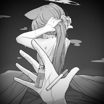 1boy 1girl 743_(743rd_bat) animal_ears blue_archive cat_ears cigarette commentary facing_away greyscale halo hetero holding holding_cigarette holding_lighter lighter long_hair mari_(blue_archive) monochrome pov pov_hands sitting solo_focus sweat symbol-only_commentary tying_hair