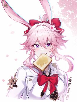 1girl animal_ears bow bowtie bread bread_slice breasts cleavage commentary evanescia_(honkai:_star_rail) flower food food_in_mouth fox_ears fox_girl hair_flower hair_ornament hamu_(rz_1023) highres honkai:_star_rail honkai_(series) jacket looking_at_viewer medium_breasts mouth_hold pink_hair purple_eyes red_bow red_bowtie shirt solo toast toast_in_mouth twitter_username upper_body white_jacket white_shirt