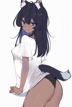 1girl animal_ear_fluff animal_ears ass black_hair black_nails black_panties blue_eyes breasts closed_mouth colored_inner_hair highres long_hair multicolored_hair original panties purple_hair rohioart shirt smile tail underwear white_shirt