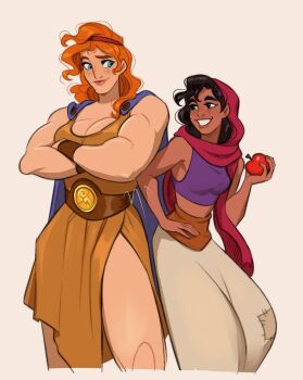 2boys 2girls aladdin_(disney) aladdin_(movie) baggy_pants black_hair blue_eyes crop_top crossed_arms dark-skinned_female dark_skin genderswap genderswap_(mtf) hercules_(1997_movie) hercules_(disney) highres multiple_boys multiple_girls muscular muscular_female orange_hair pants purple_shirt ripushko shirt simple_background sleeveless sleeveless_shirt white_background white_pants